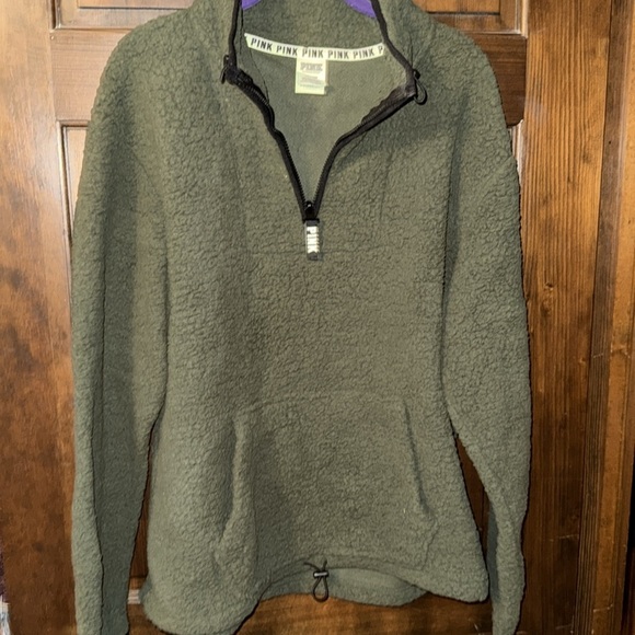 PINK Victoria's Secret Tops - Victoria’s Secret PINK Quarter Zip Olive Green Sherpa Pullover Sweater
